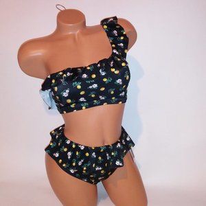 Victoria Secret Swim Bikini Set Small Top & Bottom Black Yellow Green Ruffle Lem